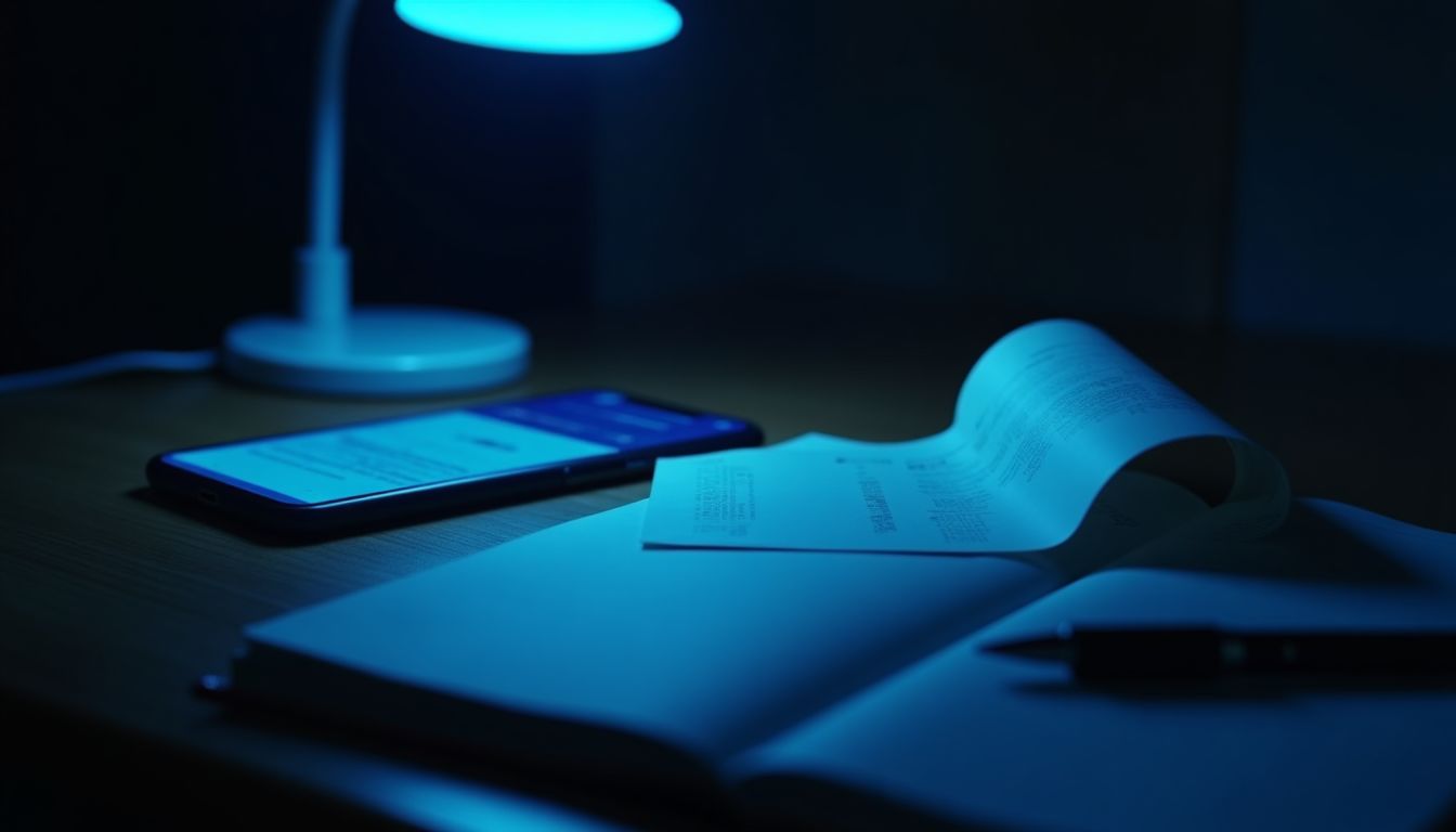 A smartphone and notebook under cool royal-blue light — email and content marketing guide