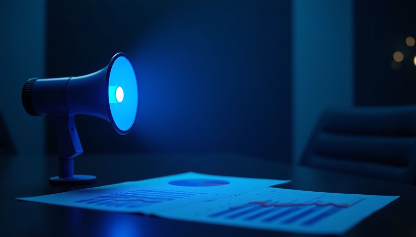 A glowing royal-blue megaphone on a dark boardroom table — paid ads and performance marketing guide